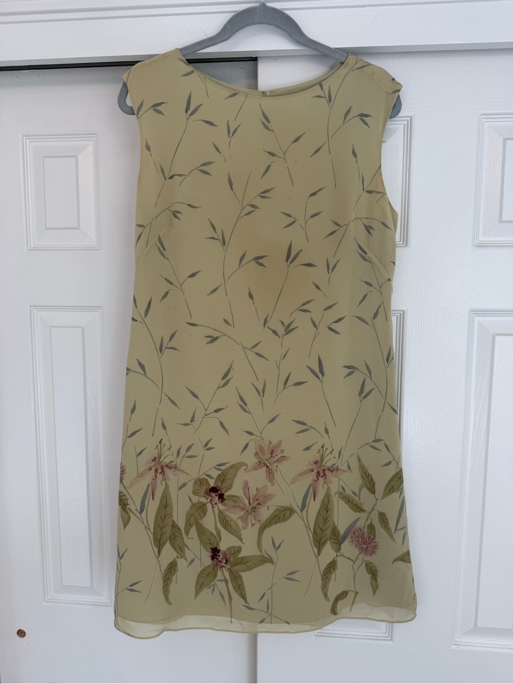 Sleeveless Floral Border Shift Dress in Olive Green - 100% Silk